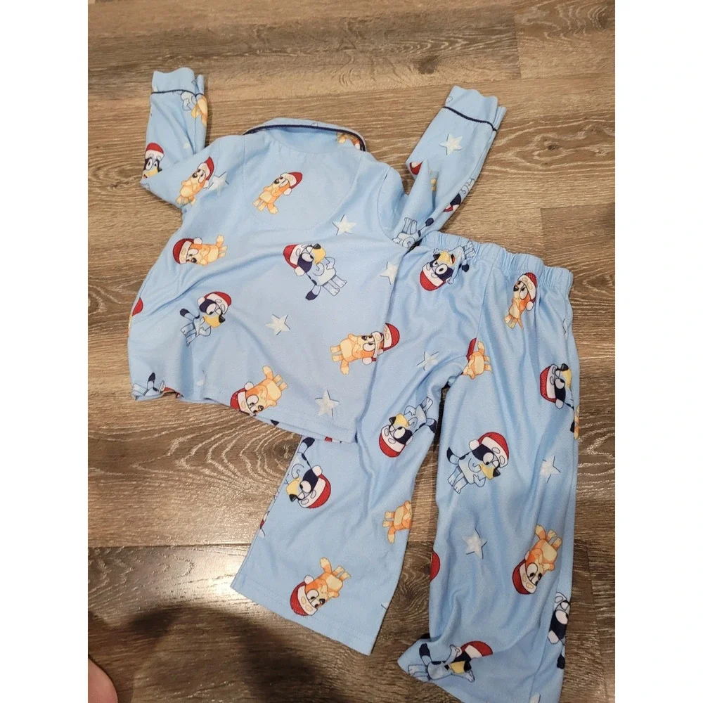 Bluey Pajamas‎ Kids 2T Light Blue Long Sleeve Sleepwear Set Christmas Santa #8